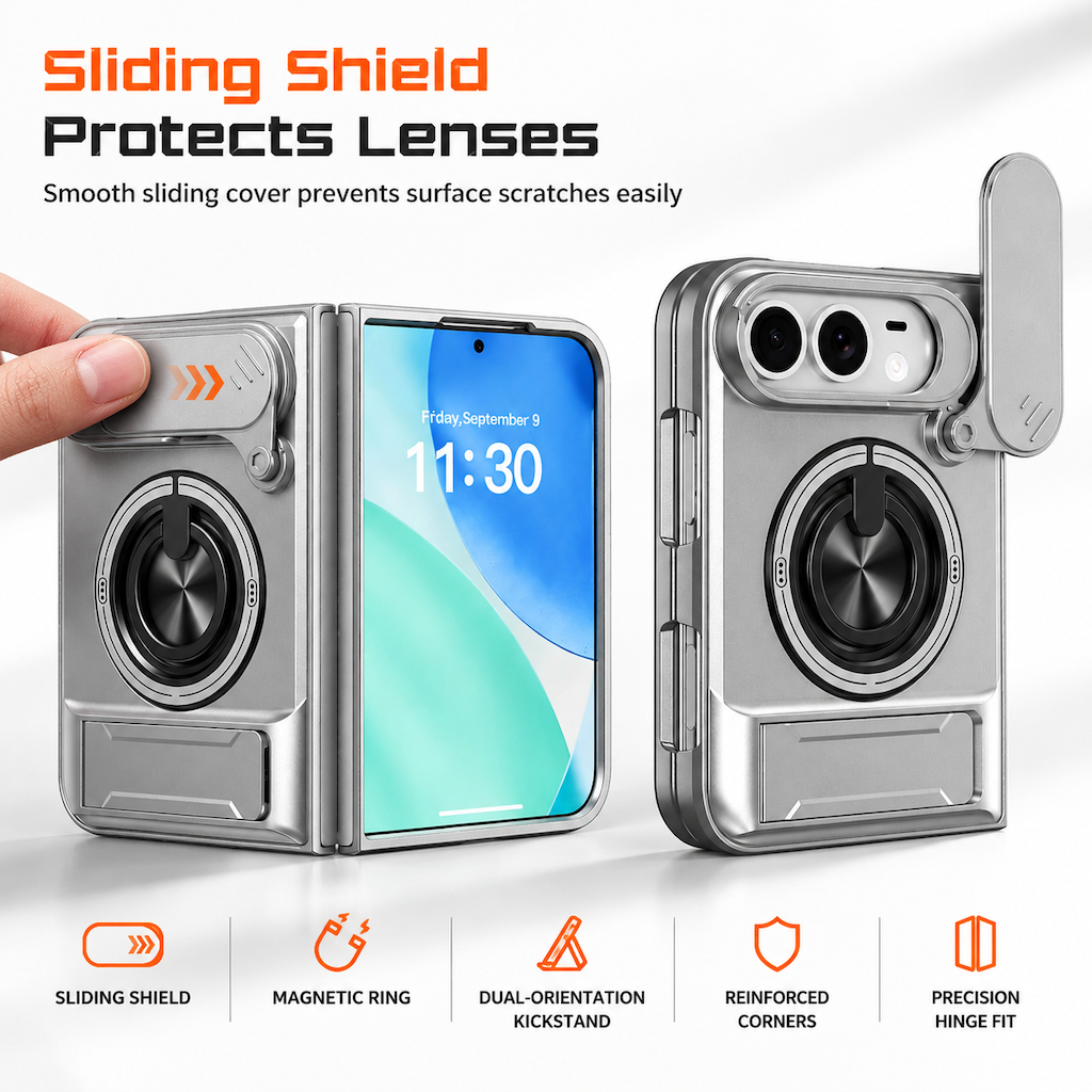 📱 Fold Case: Sliding Lens Cover, Dual Kickstand, Magnetic, Shockproof Armor