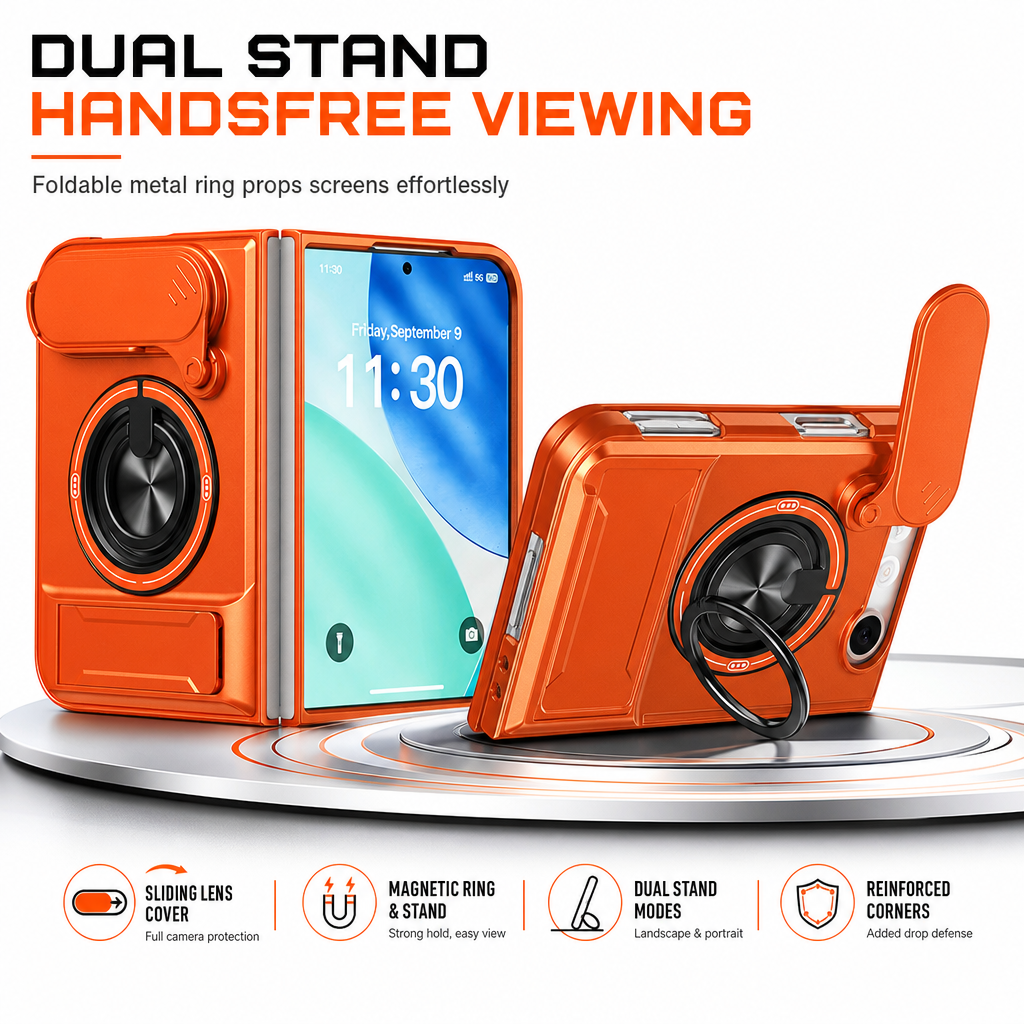 📱 Fold Case: Sliding Lens Cover, Dual Kickstand, Magnetic, Shockproof Armor