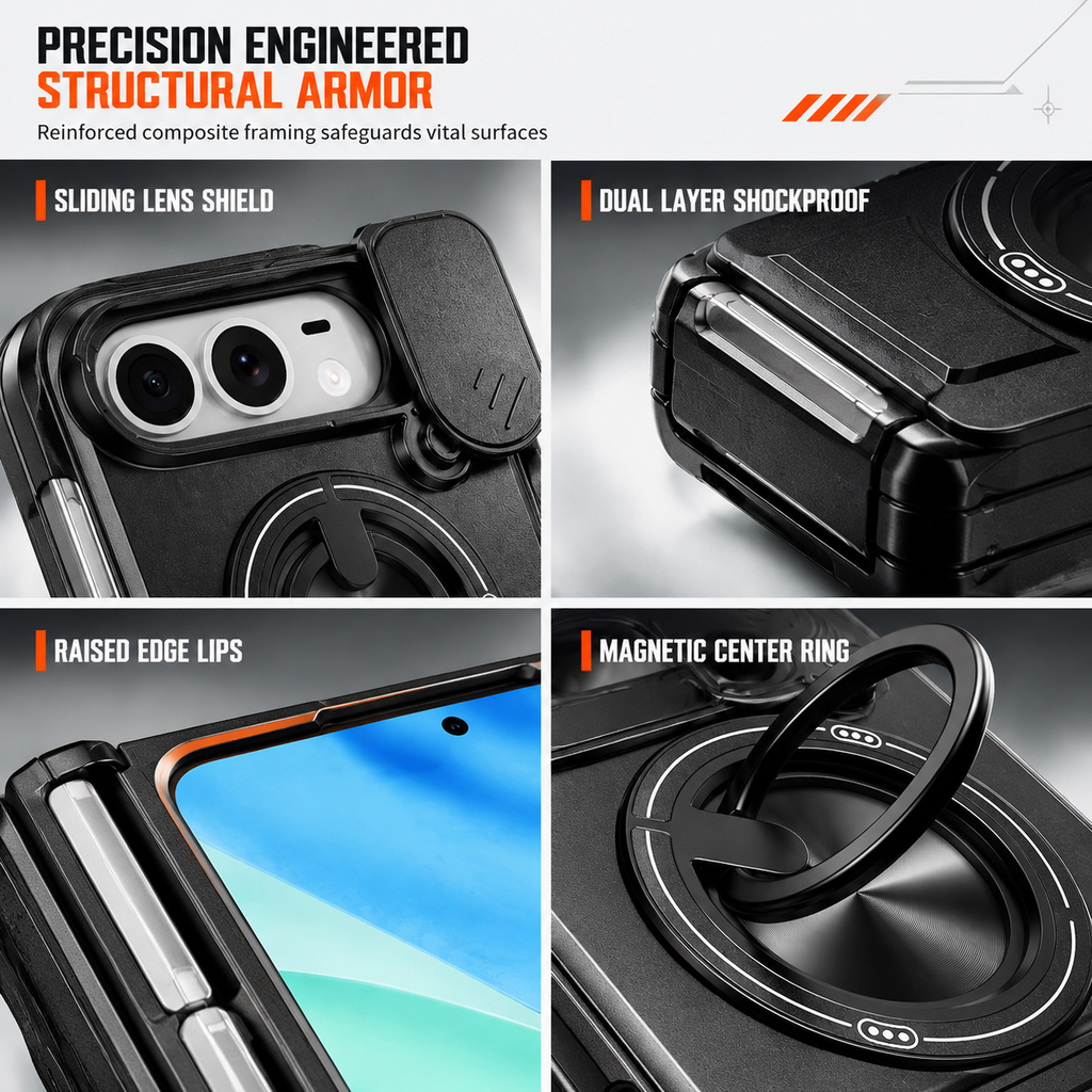 📱 Fold Case: Sliding Lens Cover, Dual Kickstand, Magnetic, Shockproof Armor