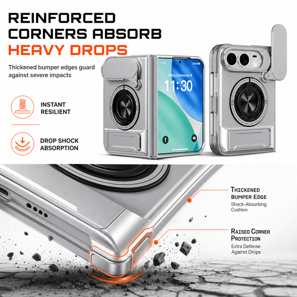 📱 Fold Case: Sliding Lens Cover, Dual Kickstand, Magnetic, Shockproof Armor