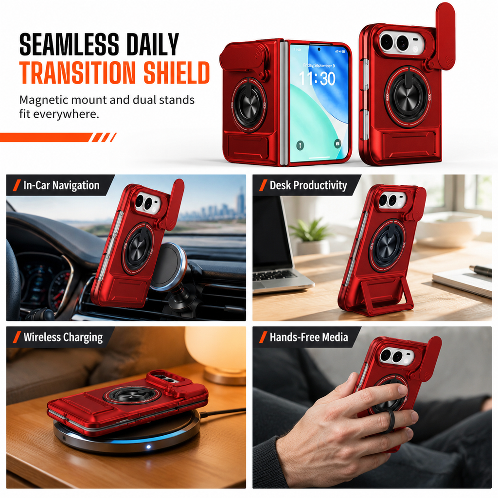 📱 Fold Case: Sliding Lens Cover, Dual Kickstand, Magnetic, Shockproof Armor