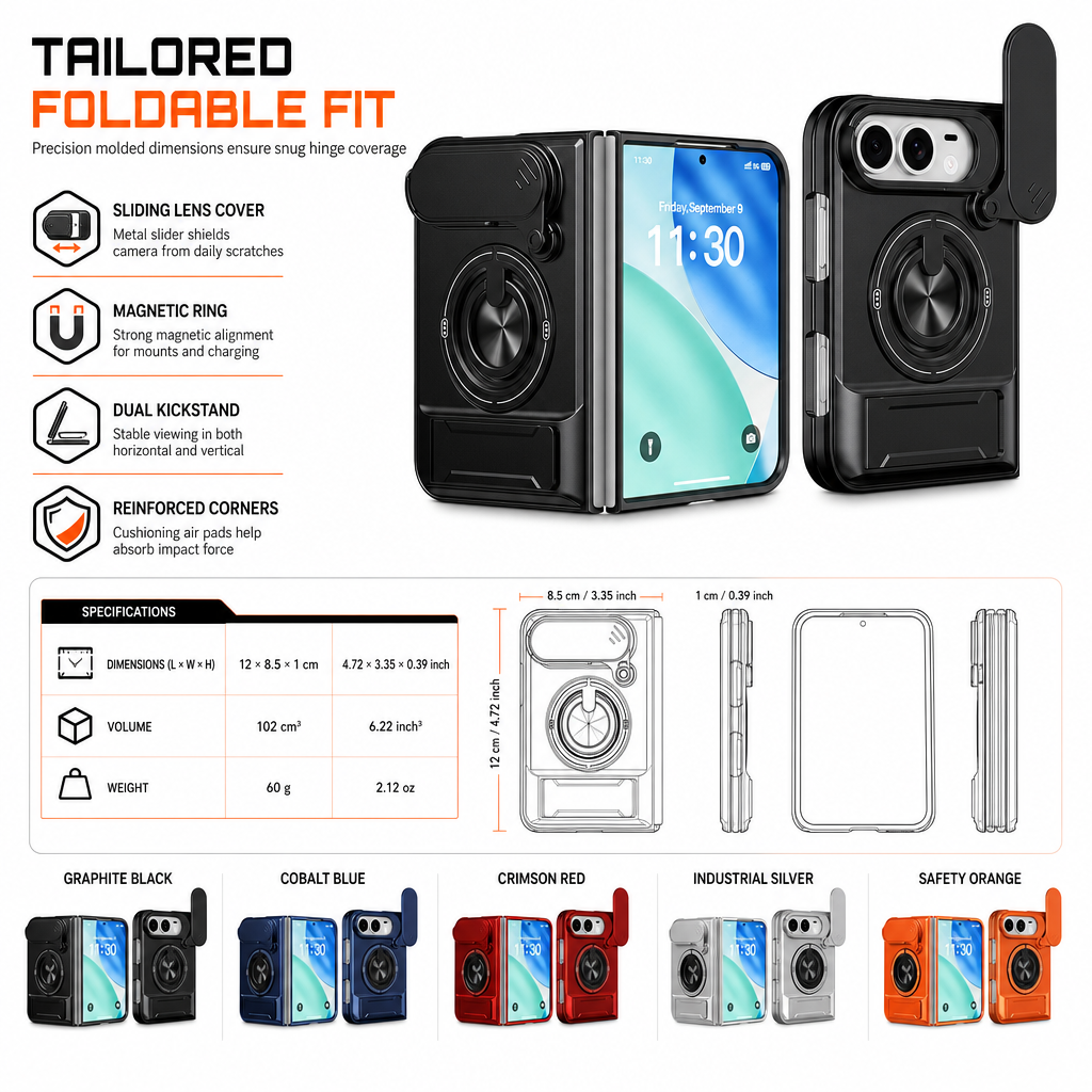 📱 Fold Case: Sliding Lens Cover, Dual Kickstand, Magnetic, Shockproof Armor