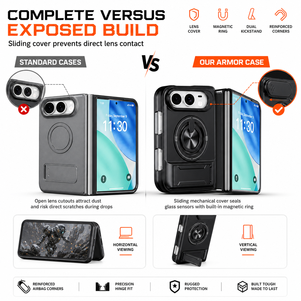 📱 Fold Case: Sliding Lens Cover, Dual Kickstand, Magnetic, Shockproof Armor
