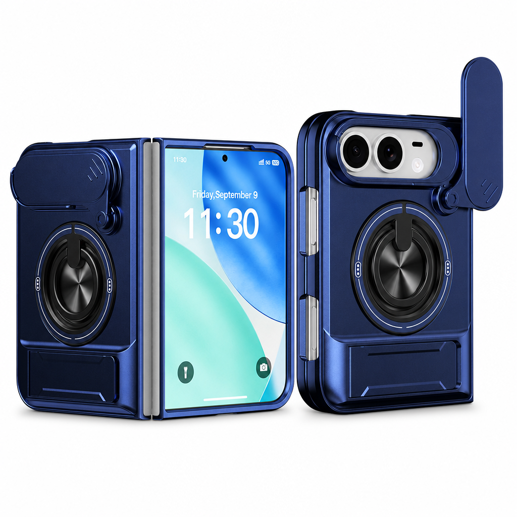 📱 Fold Case: Sliding Lens Cover, Dual Kickstand, Magnetic, Shockproof Armor