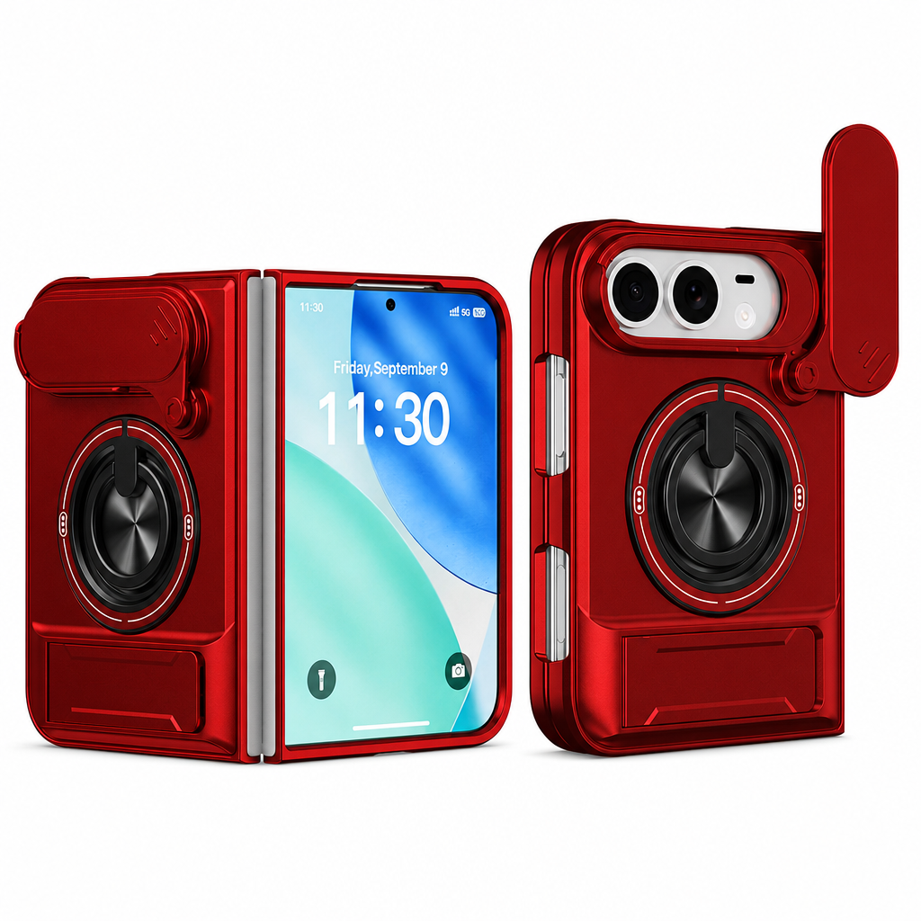 📱 Fold Case: Sliding Lens Cover, Dual Kickstand, Magnetic, Shockproof Armor