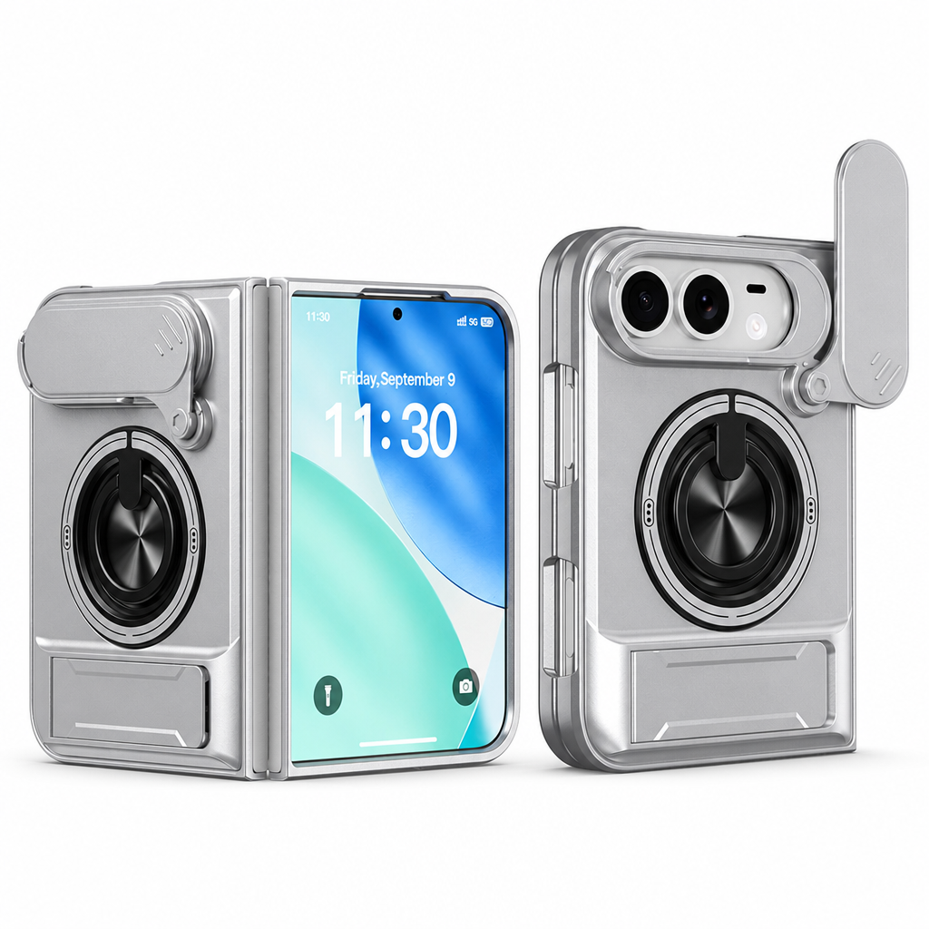 📱 Fold Case: Sliding Lens Cover, Dual Kickstand, Magnetic, Shockproof Armor