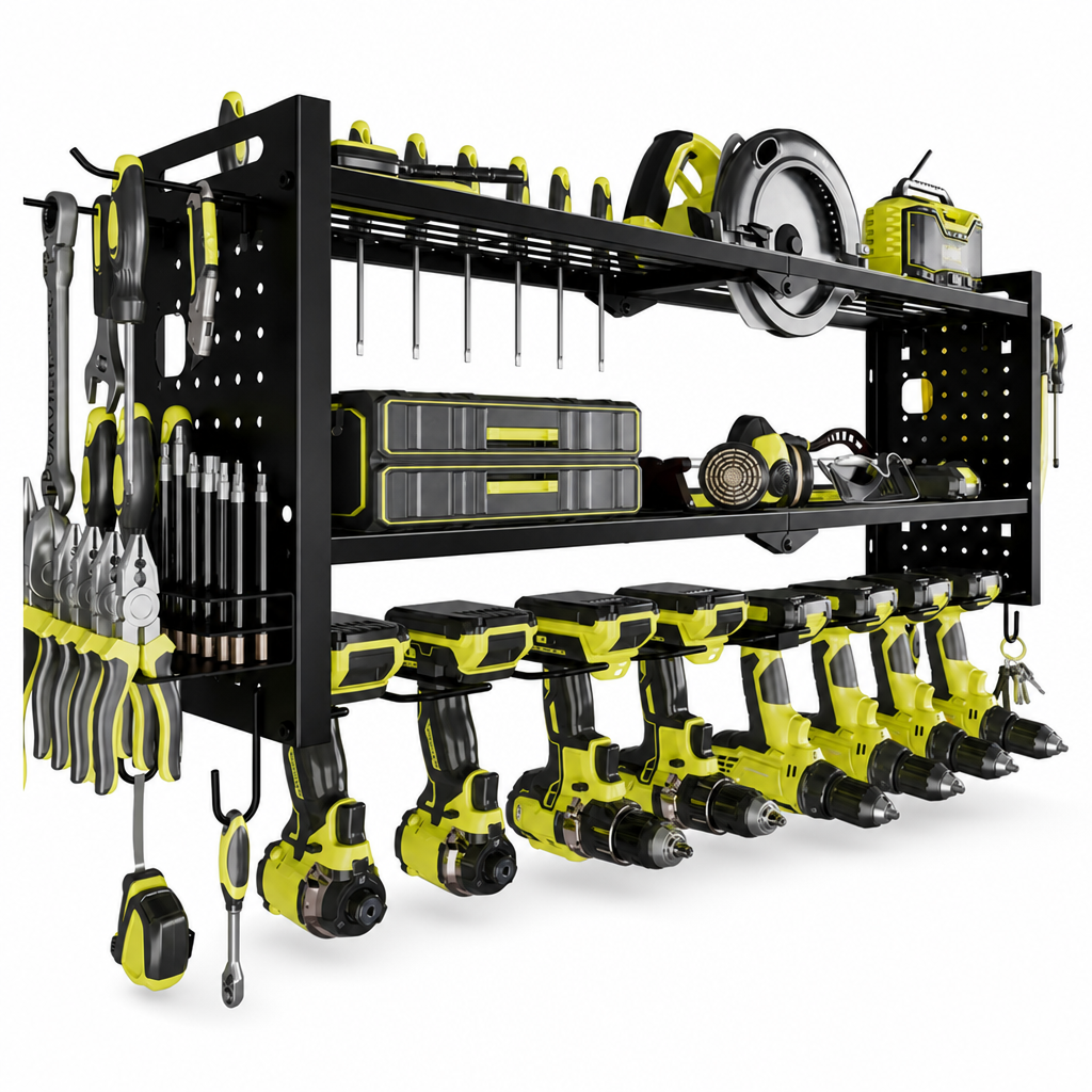 Wall Mounted Heavy Duty Iron Power Tool Organizer and Garage Drill Storage Rack