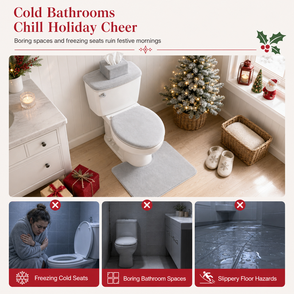 Christmas Toilet Seat Cover and Rug 3-Piece Set Holiday Bathroom with Santa Claus Snowman and Reindeer