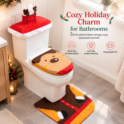 Christmas Toilet Seat Cover and Rug 3-Piece Set Holiday Bathroom with Santa Claus Snowman and Reindeer