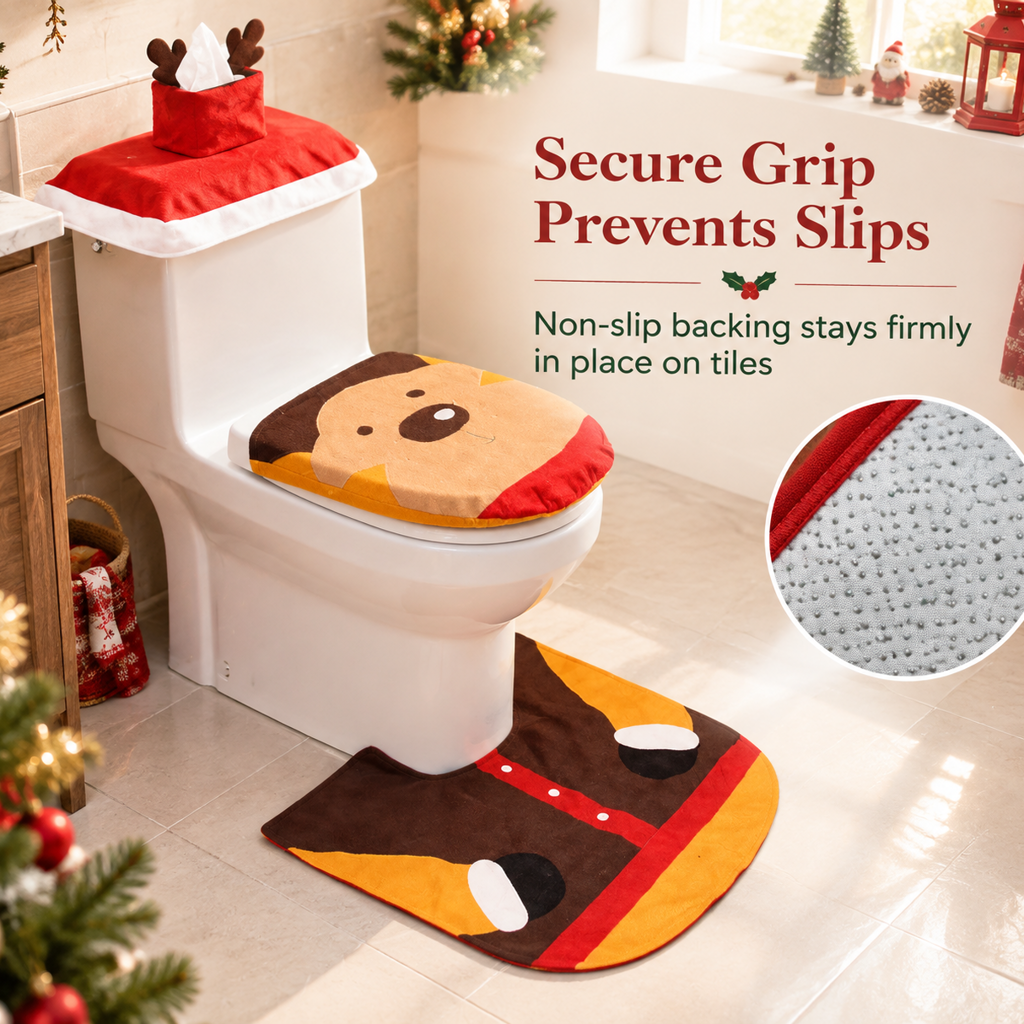 Christmas Toilet Seat Cover and Rug 3-Piece Set Holiday Bathroom with Santa Claus Snowman and Reindeer
