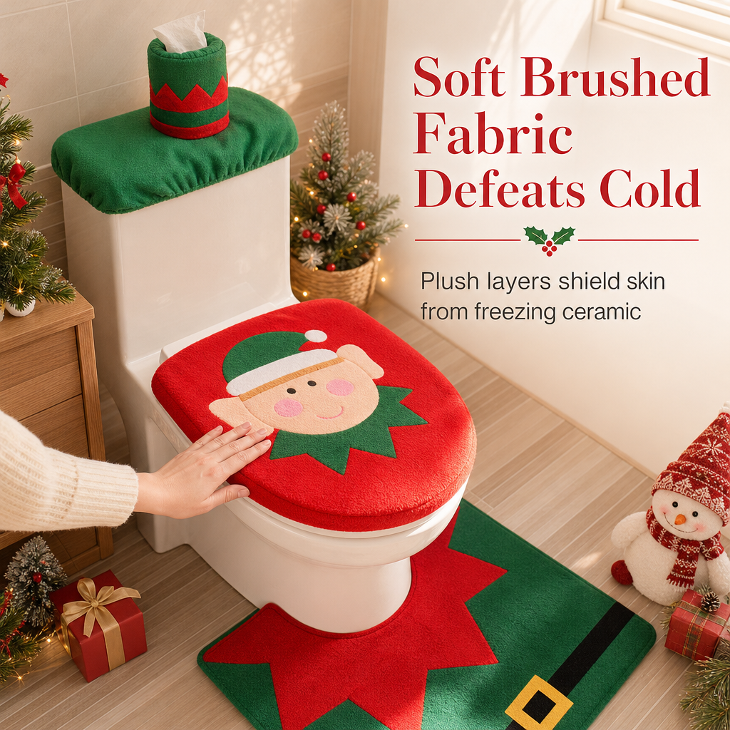 Christmas Toilet Seat Cover and Rug 3-Piece Set Holiday Bathroom with Santa Claus Snowman and Reindeer