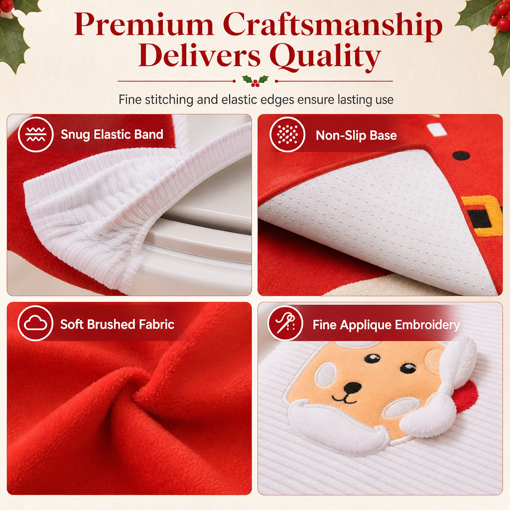 Christmas Toilet Seat Cover and Rug 3-Piece Set Holiday Bathroom with Santa Claus Snowman and Reindeer