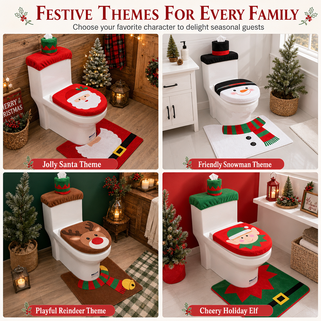 Christmas Toilet Seat Cover and Rug 3-Piece Set Holiday Bathroom with Santa Claus Snowman and Reindeer