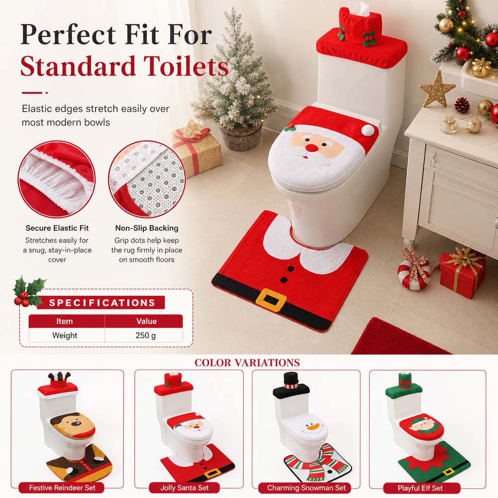 Christmas Toilet Seat Cover and Rug 3-Piece Set Holiday Bathroom with Santa Claus Snowman and Reindeer