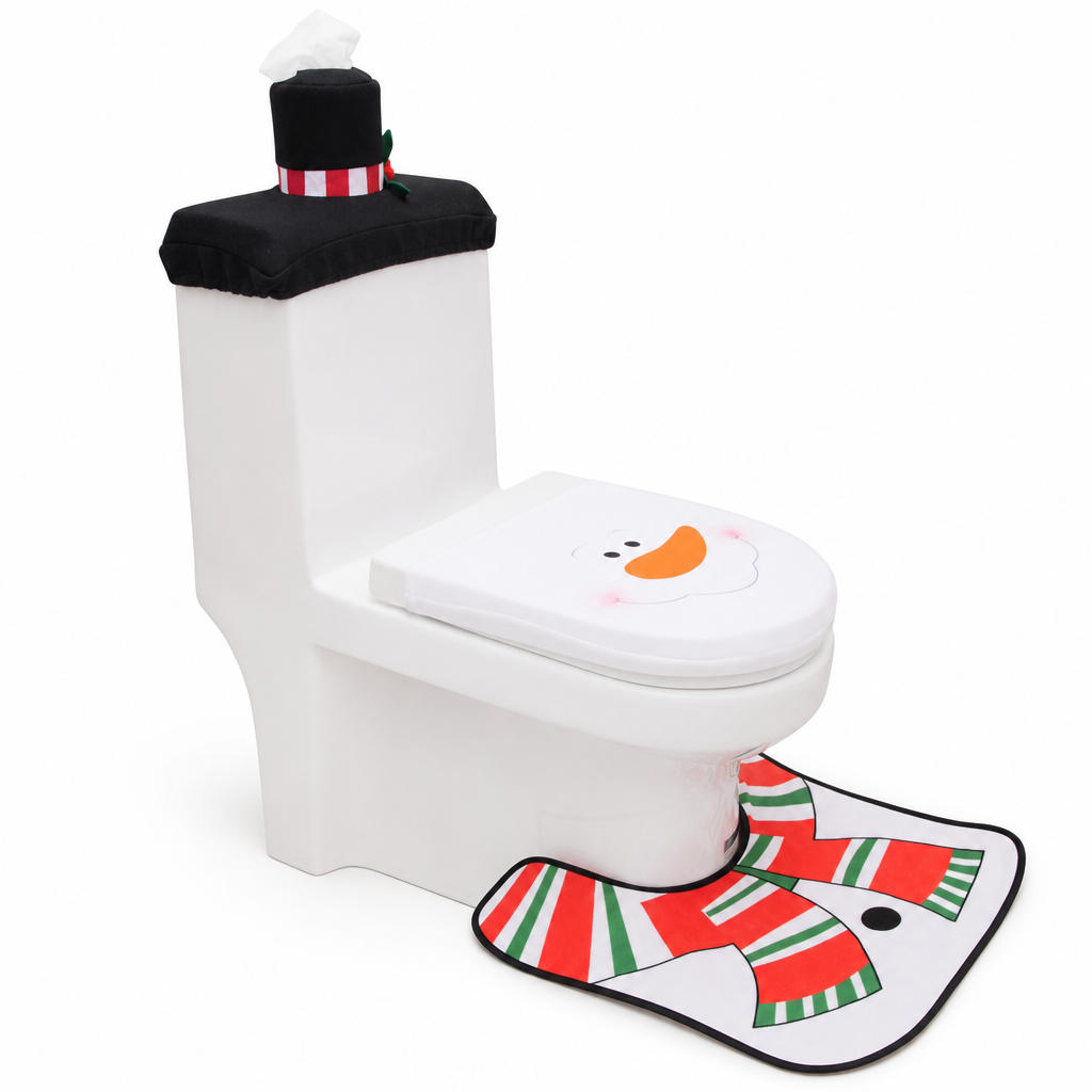 Christmas Toilet Seat Cover and Rug 3-Piece Set Holiday Bathroom with Santa Claus Snowman and Reindeer