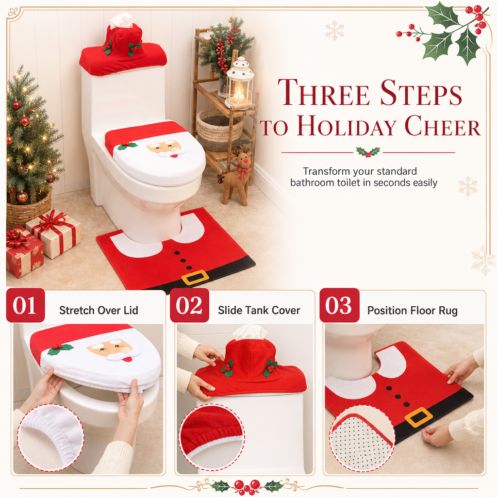 Christmas Toilet Seat Cover and Rug 3-Piece Set Holiday Bathroom with Santa Claus Snowman and Reindeer