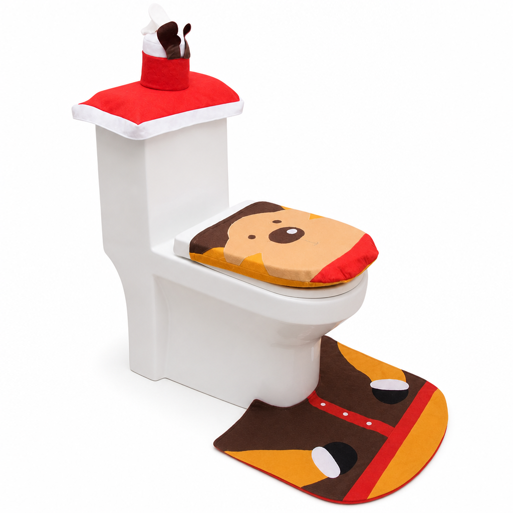 Christmas Toilet Seat Cover and Rug 3-Piece Set Holiday Bathroom with Santa Claus Snowman and Reindeer