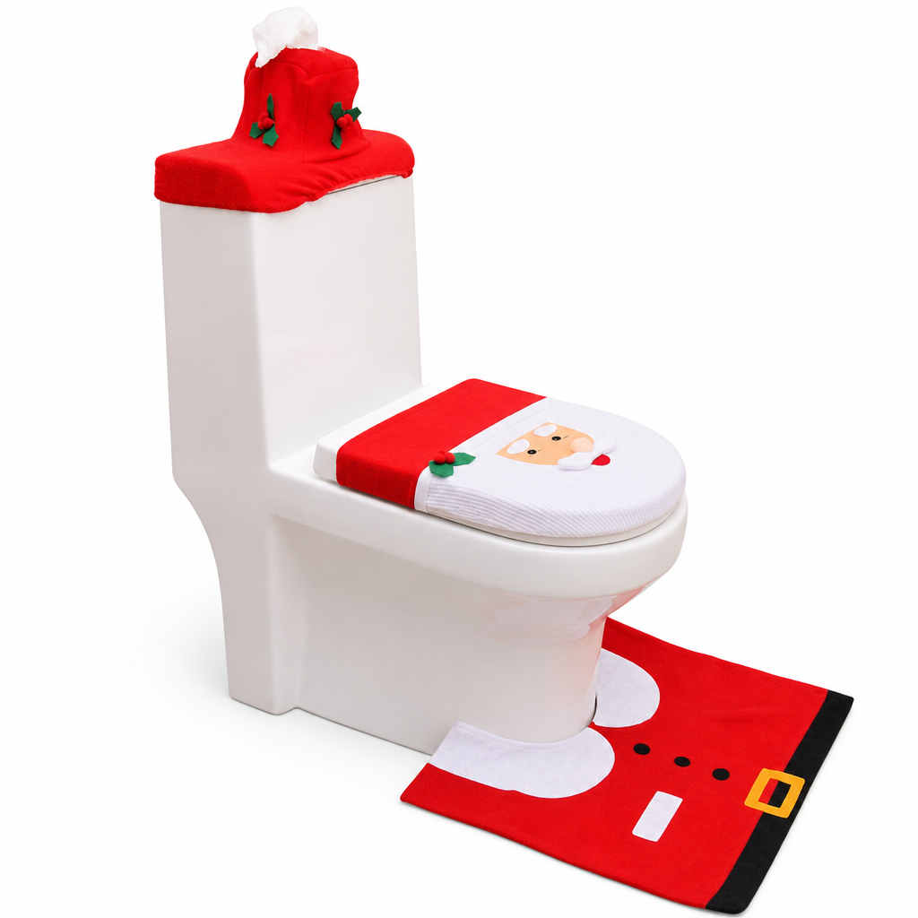 Christmas Toilet Seat Cover and Rug 3-Piece Set Holiday Bathroom with Santa Claus Snowman and Reindeer