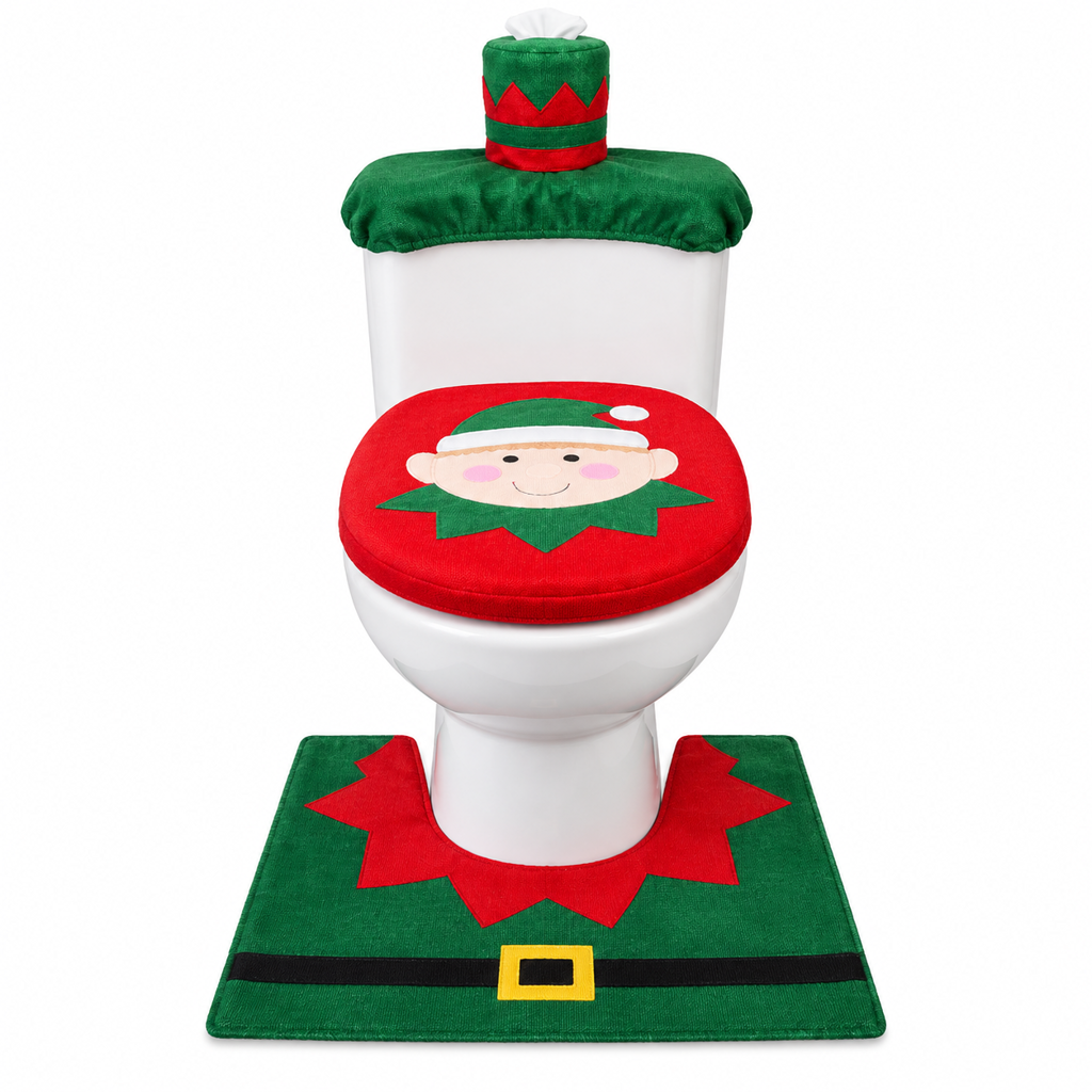 Christmas Toilet Seat Cover and Rug 3-Piece Set Holiday Bathroom with Santa Claus Snowman and Reindeer