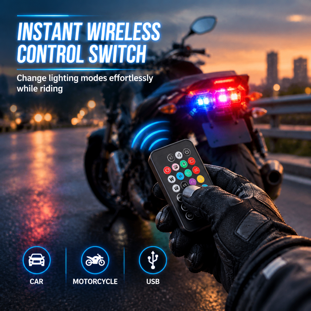 Multicolor LED Strobe Warning Light with Vibration Sensor and Remote Control for Motorcycle Drone Bicycle and Outdoor Use