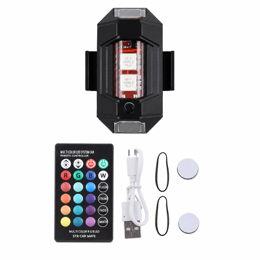 Multicolor LED Strobe Warning Light with Vibration Sensor and Remote Control for Motorcycle Drone Bicycle and Outdoor Use