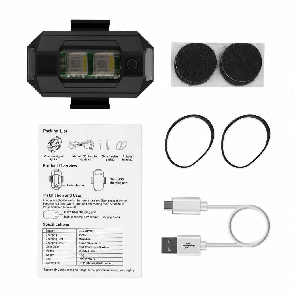 Multicolor LED Strobe Warning Light with Vibration Sensor and Remote Control for Motorcycle Drone Bicycle and Outdoor Use
