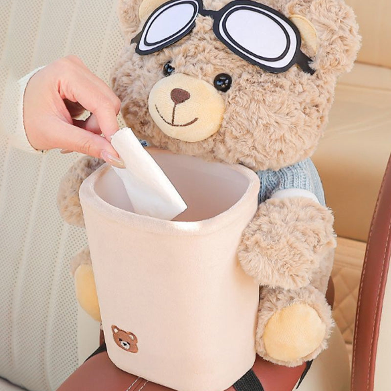 Cute Bear Plush Car Tissue Holder & Storage Bin