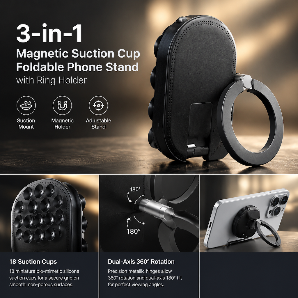 Multifunctional 3 in 1 Magnetic Phone Stand with Suction Cup and Carabiner Foldable Rotatable Mobile Phone Holder
