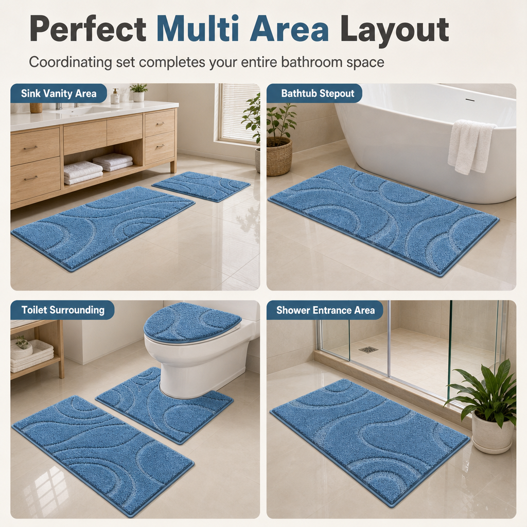 5 Piece Crystal Velvet Bathroom Rug Set Non Slip Water Absorbent Easy to Clean Toilet Floor Mats