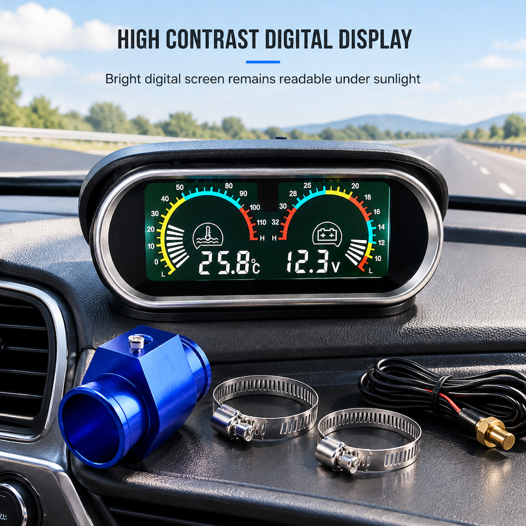 Universal 12V 24V Horizontal LCD Electronic Water Temperature and Voltage Gauge Set with 32mm Tee Joint Adapter