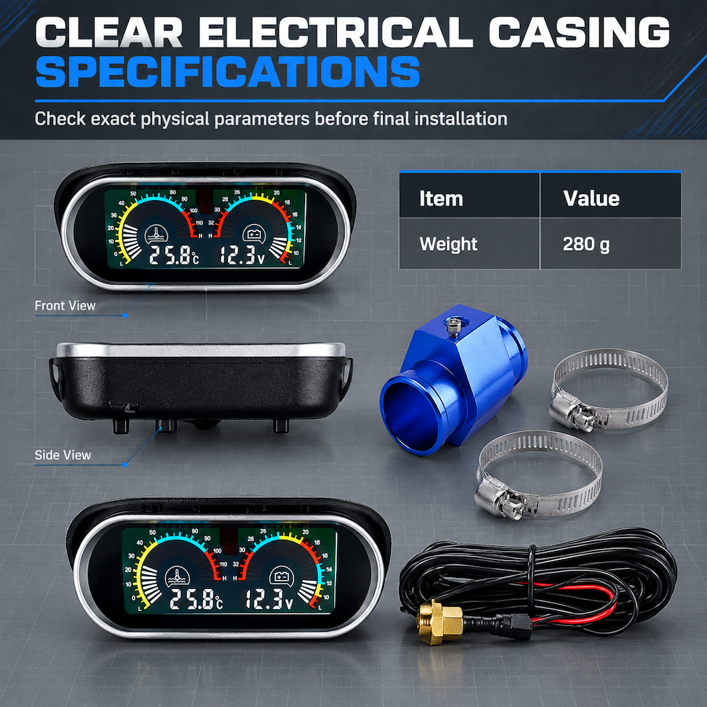 Universal 12V 24V Horizontal LCD Electronic Water Temperature and Voltage Gauge Set with 32mm Tee Joint Adapter