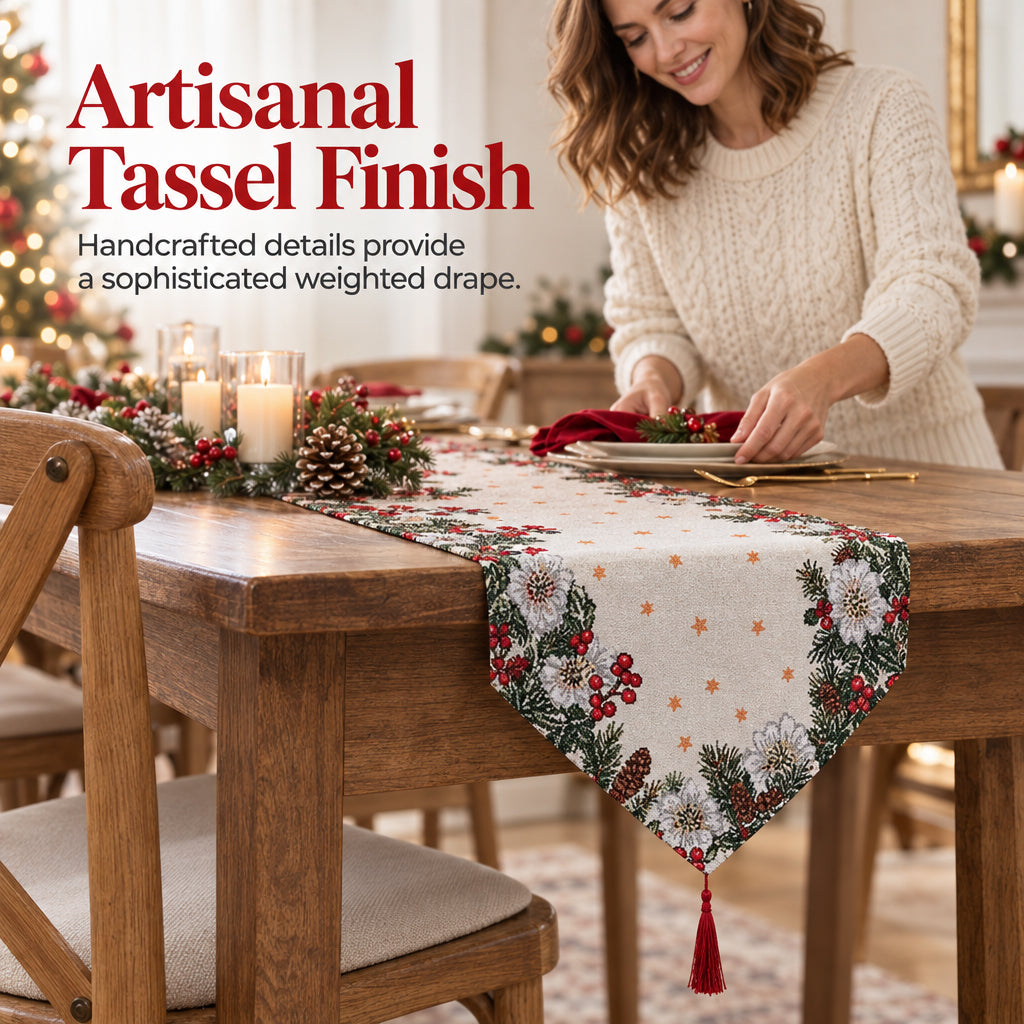 Christmas Table Runner with Tassels for Home Dining Decoration