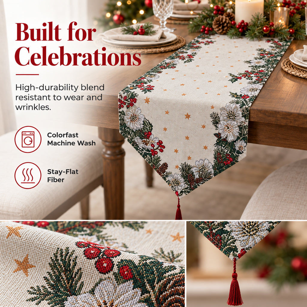 Christmas Table Runner with Tassels for Home Dining Decoration