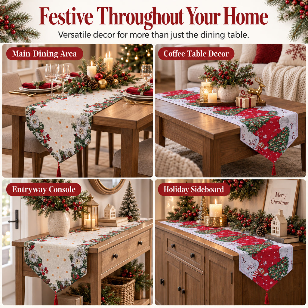 Christmas Table Runner with Tassels for Home Dining Decoration