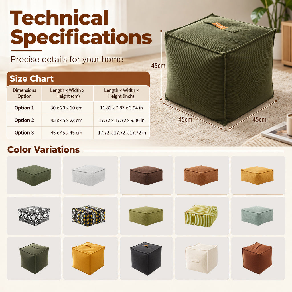 Unfilled Square Pouf Cover Floor Cushion Ottoman Slipcover for Living Room and Clothes Storage Removable Washable 45x45x23cm